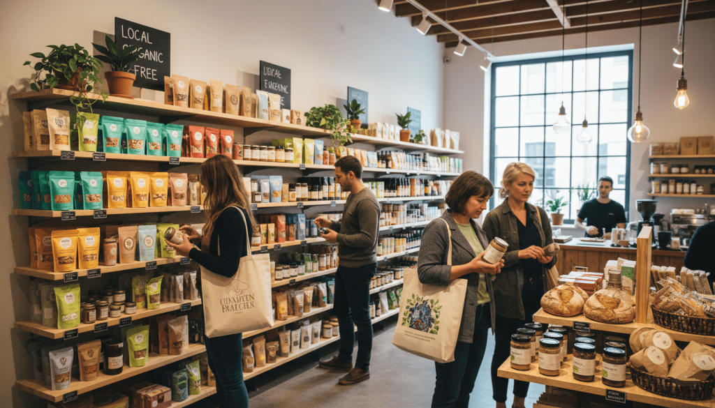 une boutique écologique moderne proposant des produits vegan variés sur des étagères en bois, clients en train de parcourir les articles