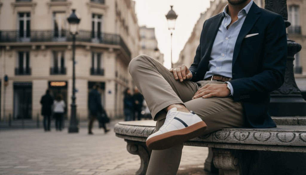 Un homme assis dans une rue qui porte des chaussures Belledone