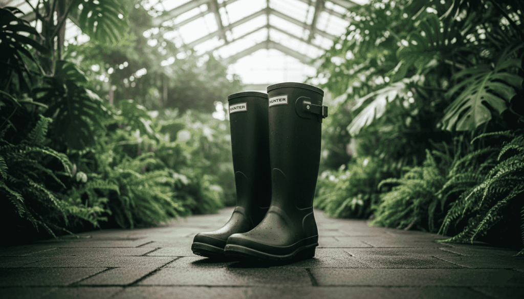 Paire de bottes Hunter posée sur le sol