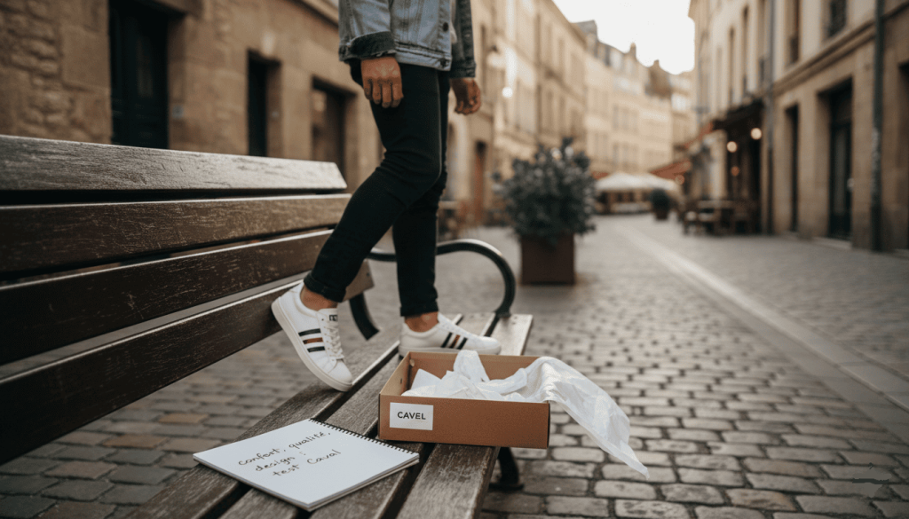 Une personne teste des baskets Caval en marchant dans une rue pavée.