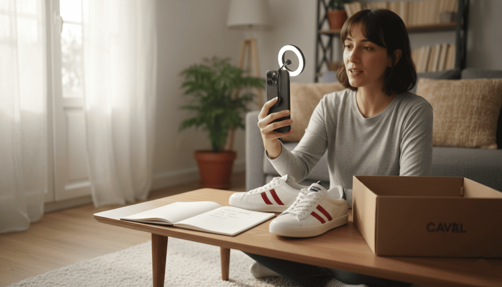 une personne filmant une review de baskets Caval avec son smartphone.