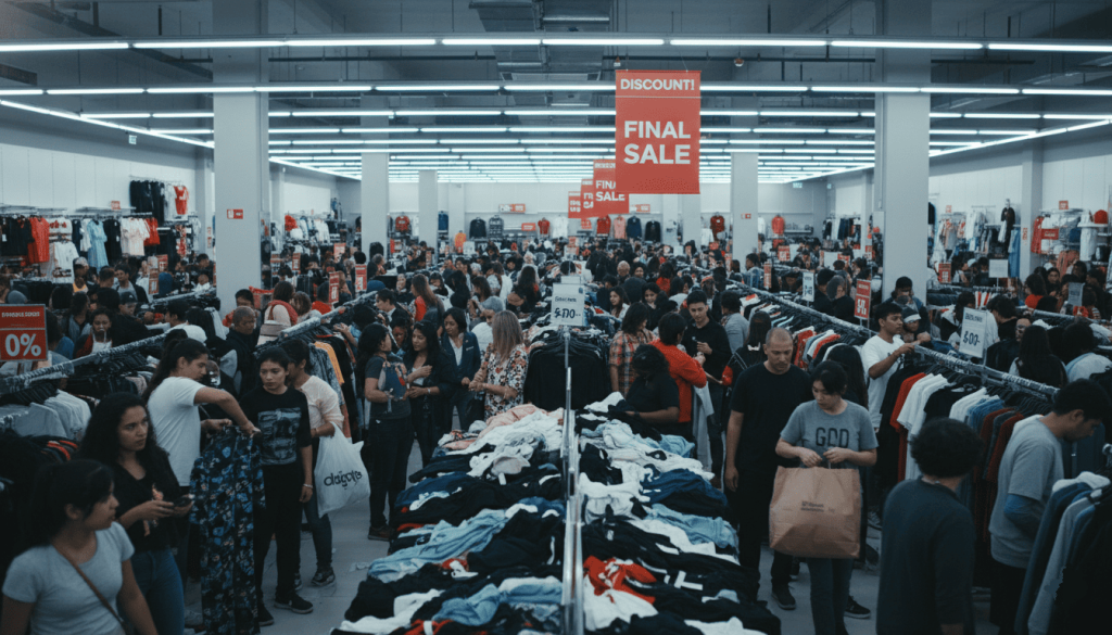 Intérieur d’un magasin de vêtements avec rayons surchargés, foule de clients,