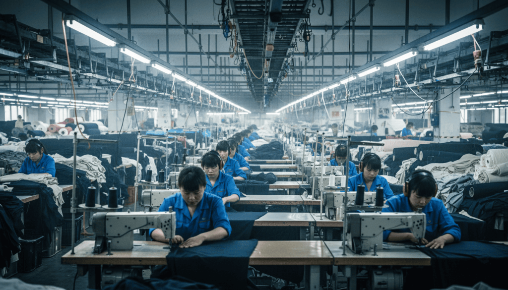 Atelier de confection textile avec chaînes de production, ouvriers travaillant sur des machines à coudre
