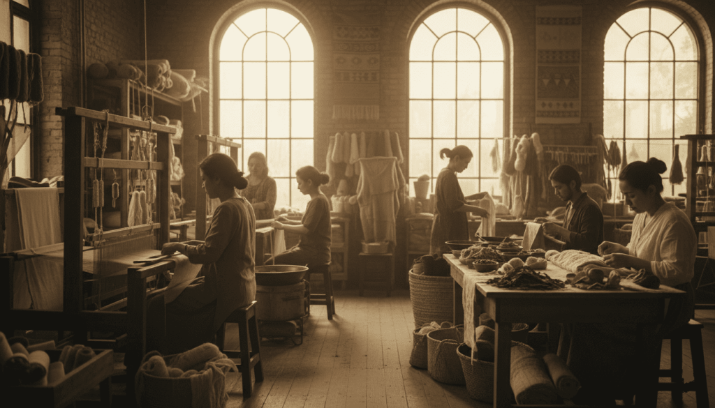 telier textile éthique, artisans travaillant à la main, matières naturelles