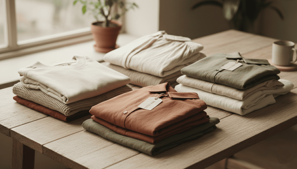 vêtements éthiques pliés sur une table en bois