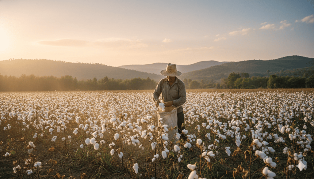 Champ de coton biologique cultivé sans pesticides, agriculteur récoltant à la main