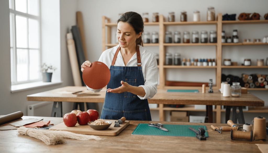 un designer de mode dans un studio examinant un sac ou un accessoire fabriqué en cuir de pomme, échantillons de matière sur la table