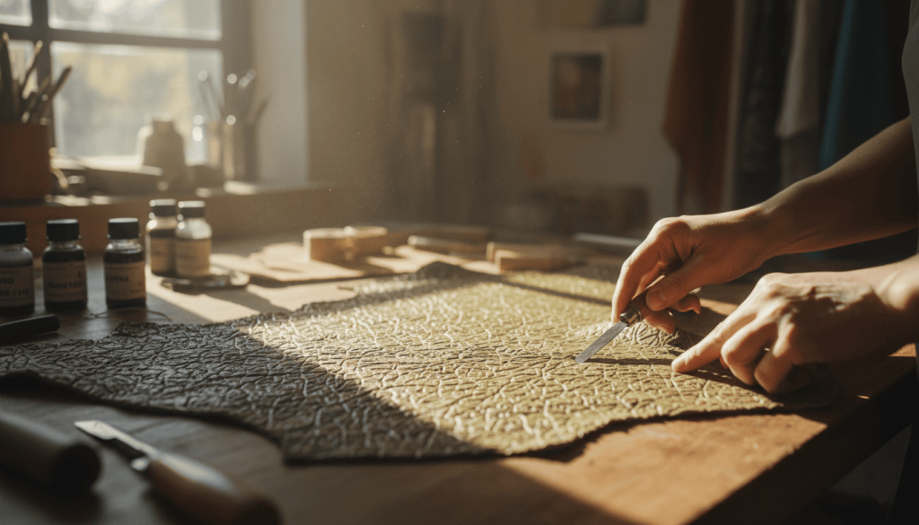 un matériau type cuir végétal dans un atelier