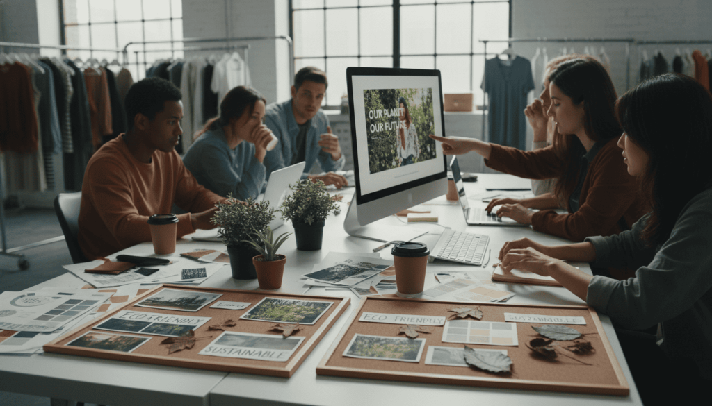 studio marketing avec une équipe travaillant sur une campagne “green”, moodboards avec feuilles et nature