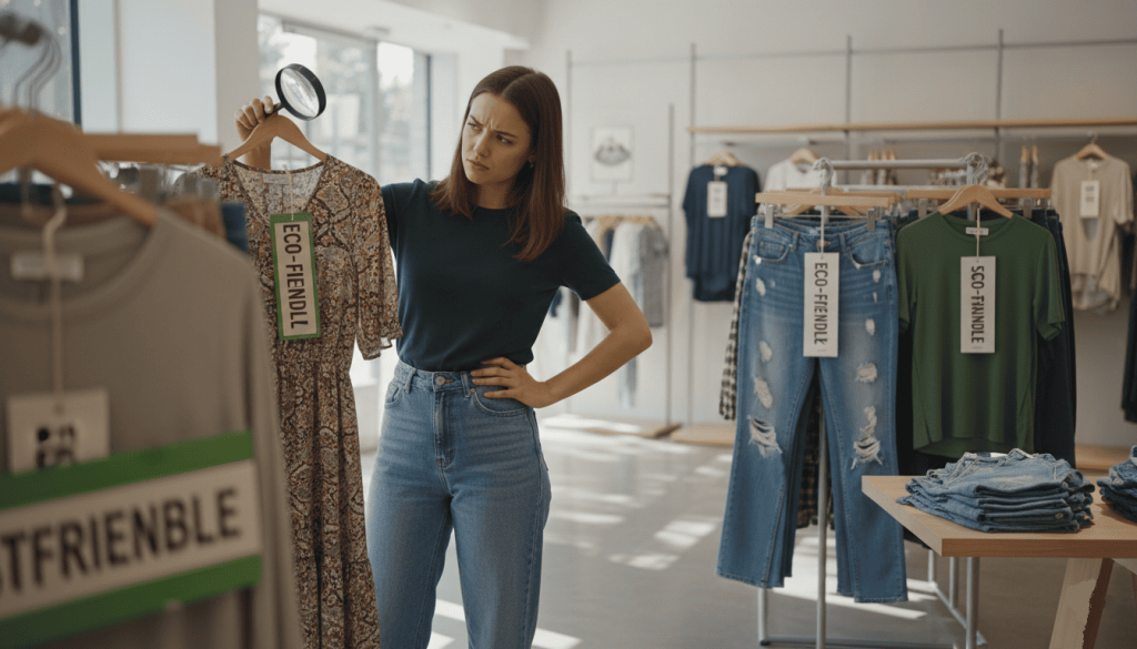 une cliente sceptique regarde les étiquettes de vêtements en détail