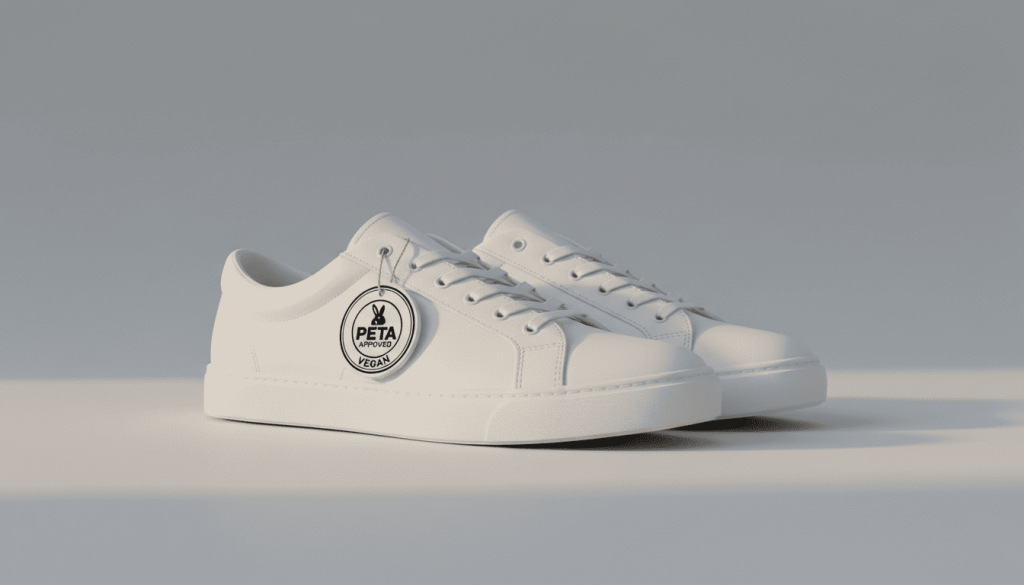 paire de chaussures véganes (type baskets blanches) avec étiquette officielle “PETA Approved Vegan” visible