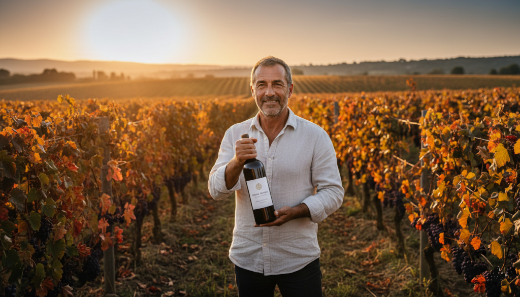 dans un vignoble au coucher du soleil, un vigneron présente une bouteille de vin vegan avec des vignes en arrière-plan