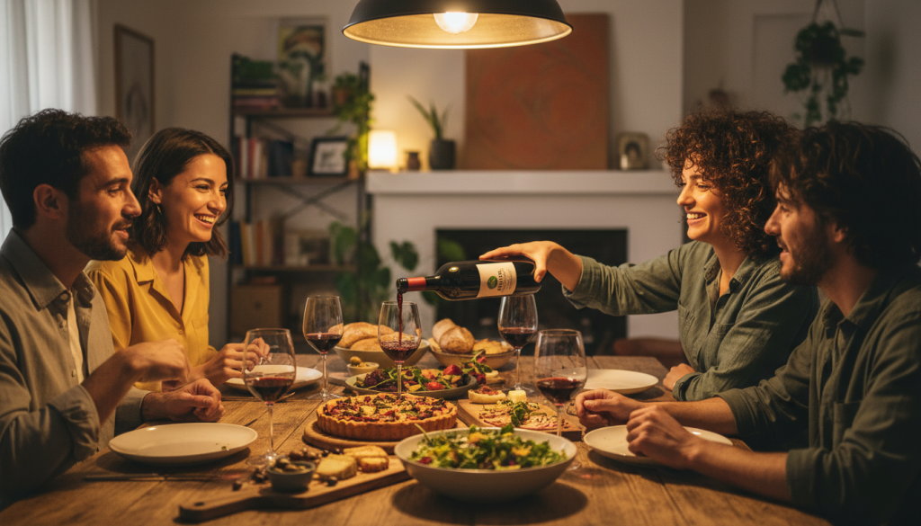 un dîner convivial avec des amis autour d’une table, quelqu’un verse du vin vegan dans des verres