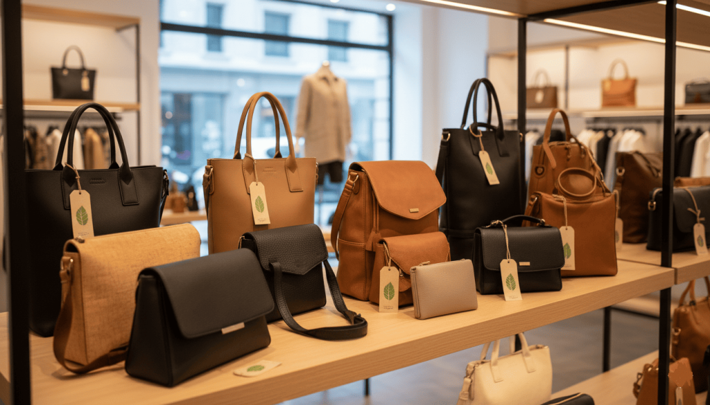 Sacs vegan dans la vitrine d'une boutique