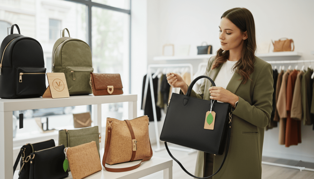 Femme en train de choisir son sac vegan parmi plusieurs choix