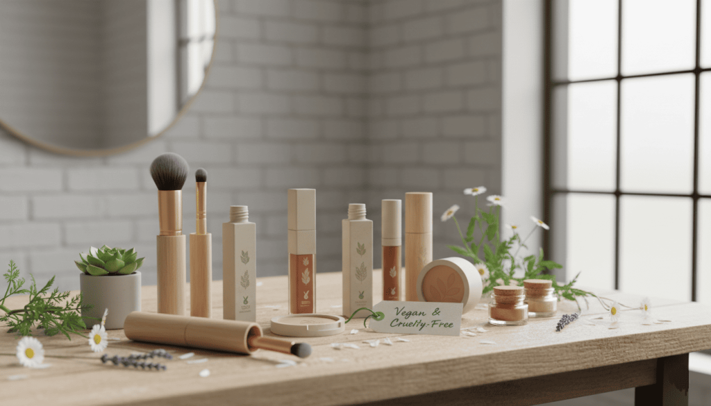 Différents articles de maquillage vegan