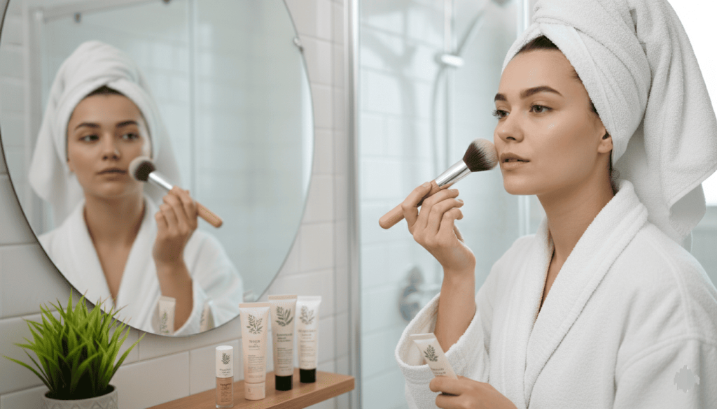 Femme devant son miroir avec maquillage vegan