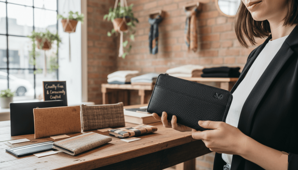 une boutique de mode éthique, une personne examine un portefeuille vegan en le tenant dans ses mains, plusieurs modèles exposés sur une table en bois