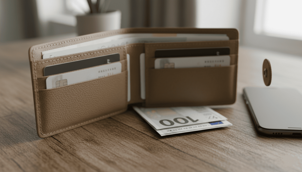 portefeuille vegan ouvert posé sur une table avec cartes, billets, matière imitation cuir végétal visible