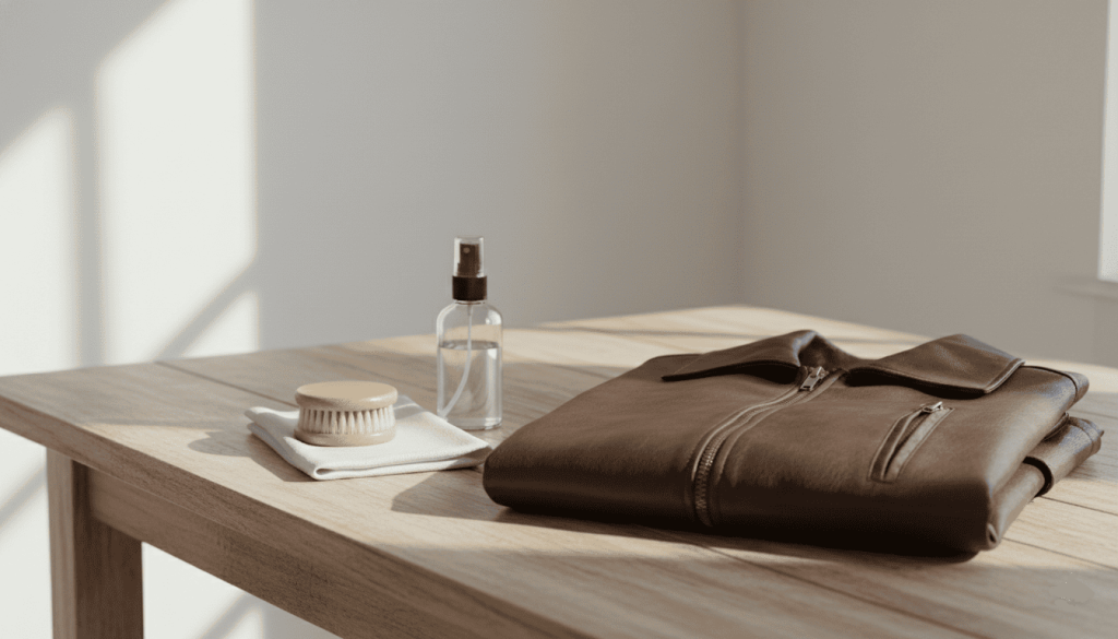 un sac en cuir vegan bien entretenu posé sur une table avec chiffon, brosse douce et spray d’entretien écologique