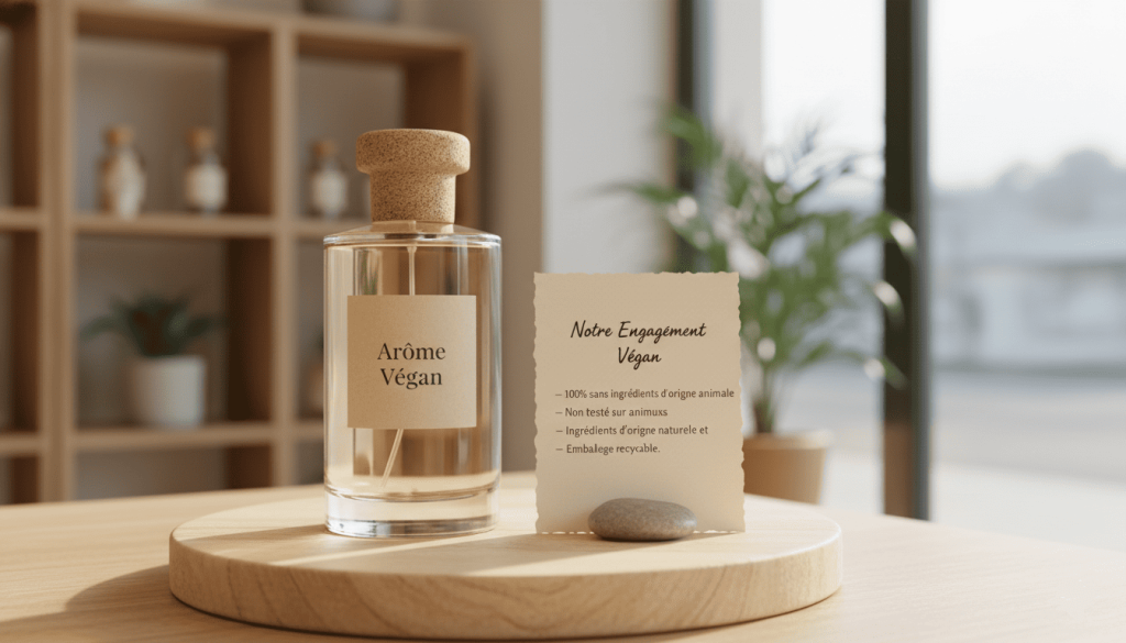 Flacon de parfum vegan présenté sur une table en bois