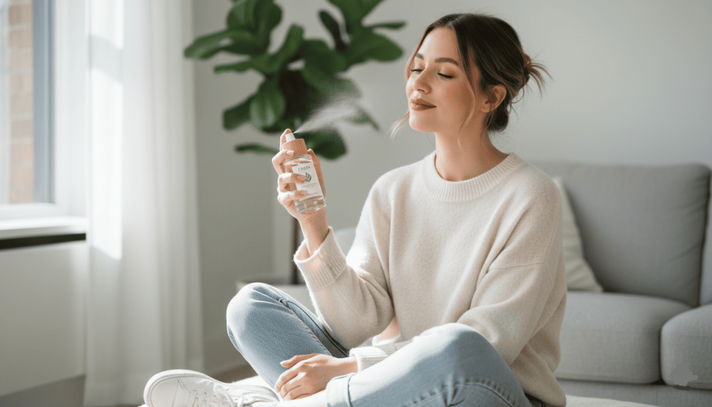 Une femme en tenue casual qui se vaporise du parfum vegan