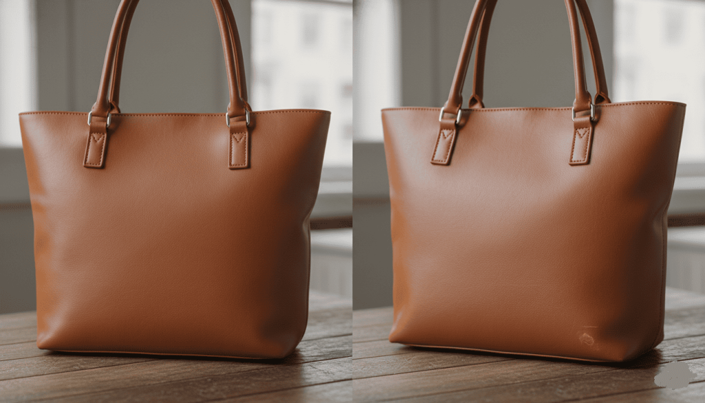 deux sacs en cuir vegan sur une table : un produit neuf et un produit utilisé depuis longtemps montrant l’évolution du matériau
