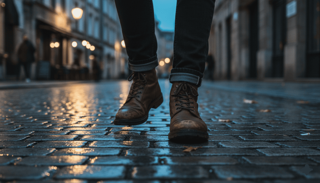 Un homme qui marche dans la rue et porte des chaussures en uir végan