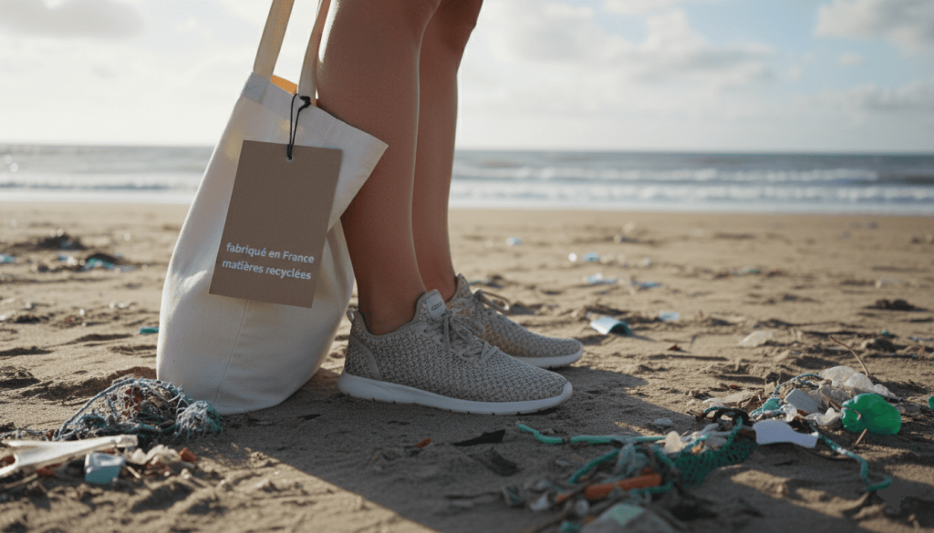 Une plage avec du plastique recyclé visible, une personne portant des baskets Corail.