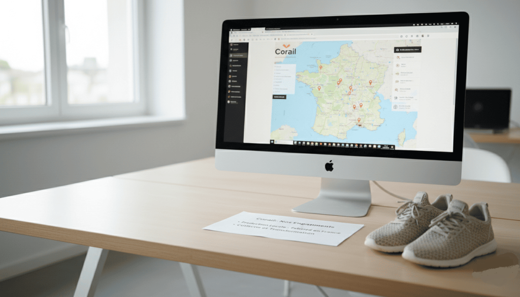 Un bureau moderne avec une carte de France affichée sur un écran d’ordinateur, ouverte sur une page Corail.