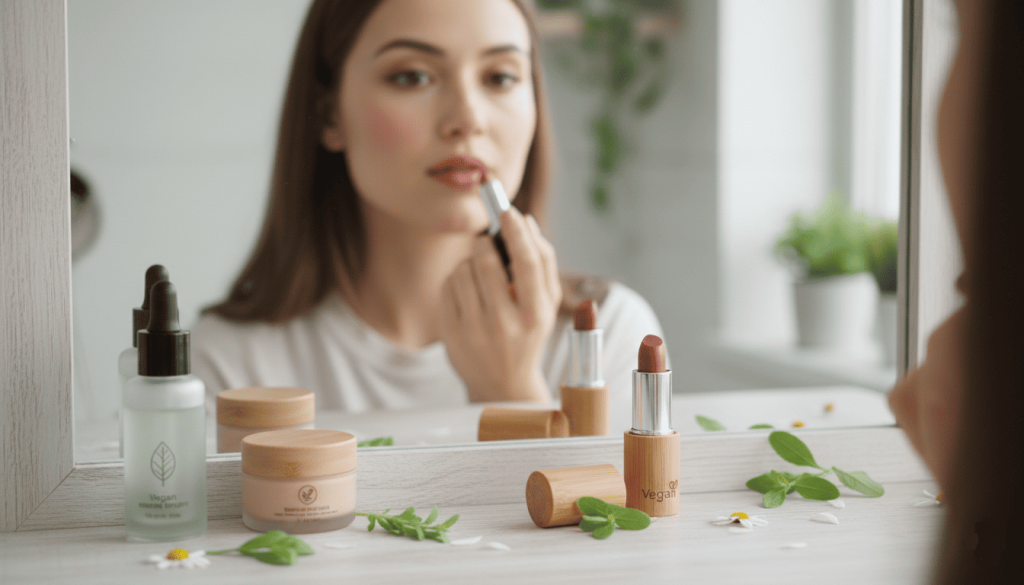 Femme qui se maquille avec des cosmétiques vegan