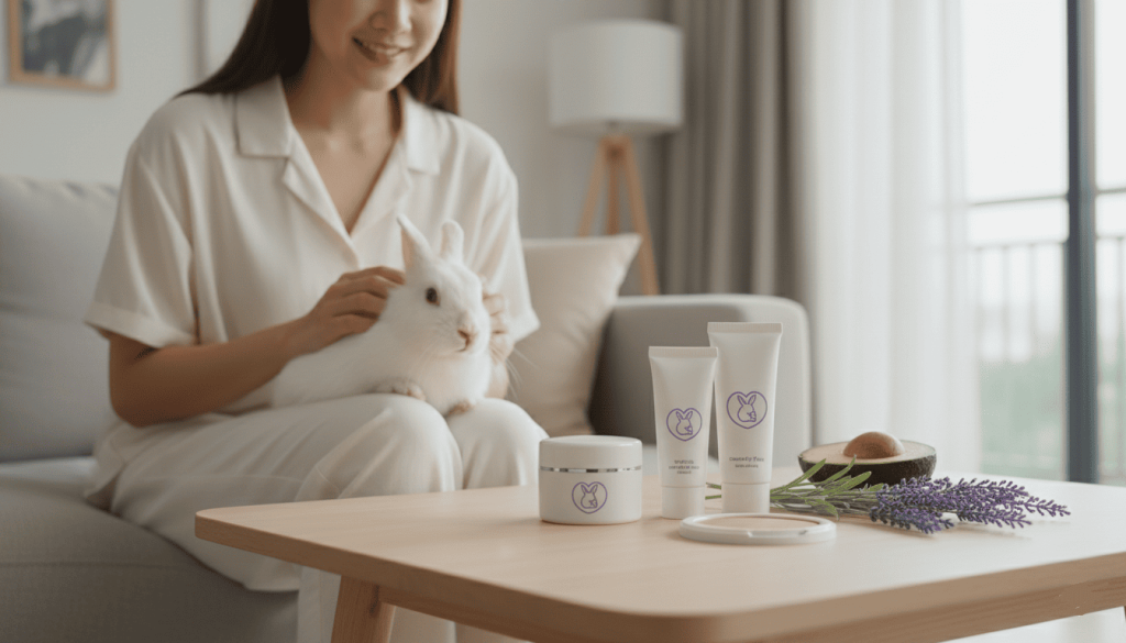 Femme qui tient un lapin sur ses genoux, produits cruelty free posés sur la table