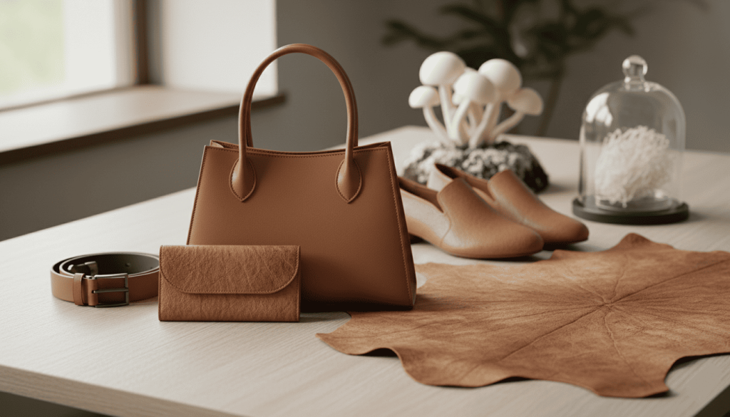 Cuir de champignon posé près de sacs et chaussures dans le même matériau