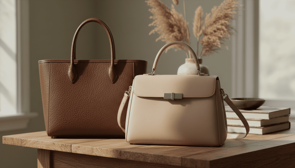 deux sacs : un en cuir animal classique, un en cuir vegan moderne,