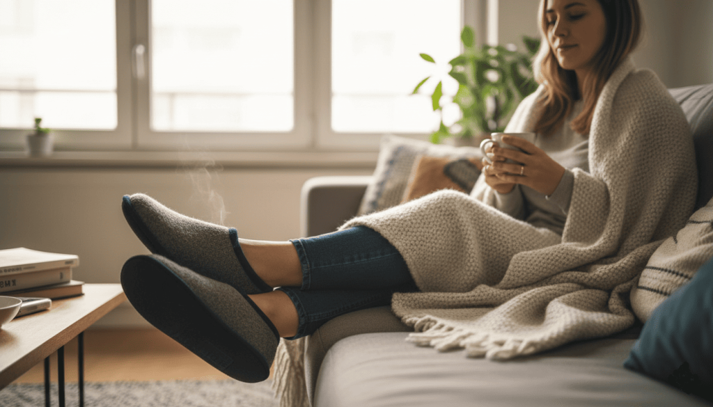 Personne détendue à la maison portant des chaussons Angarde, assise sur un canapé avec un plaid,