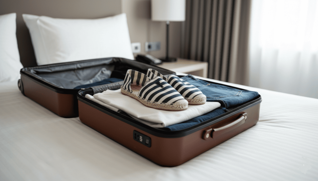Valise ouverte sur un lit avec des chaussures Angarde soigneusement rangées,