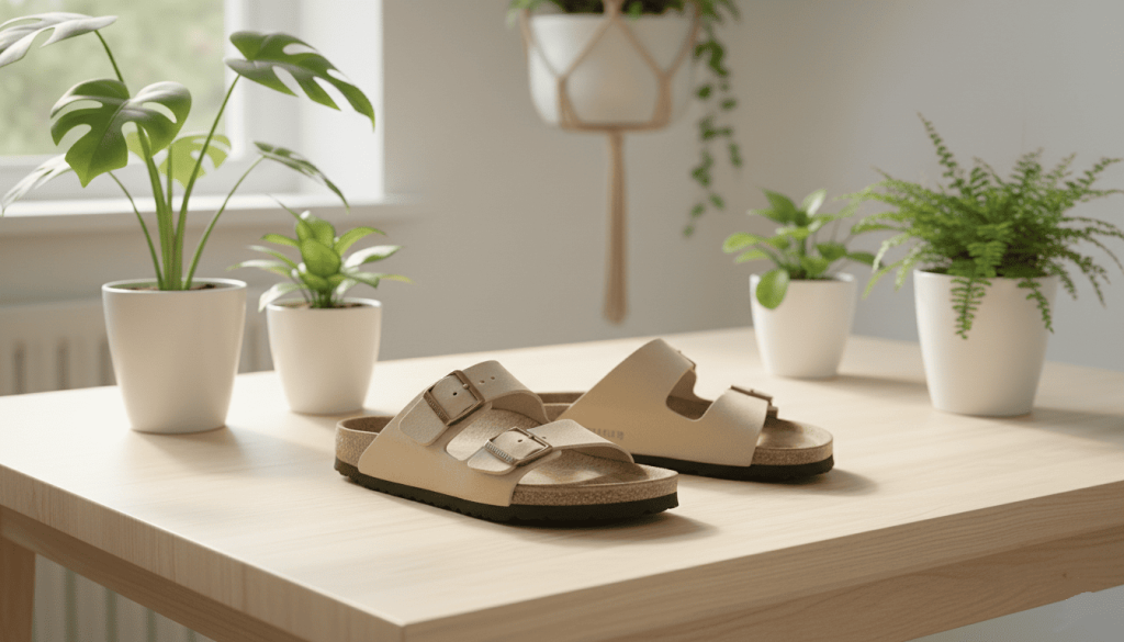 Sandales Birkenstock vegan posées sur une table en bois avec des plantes vertes