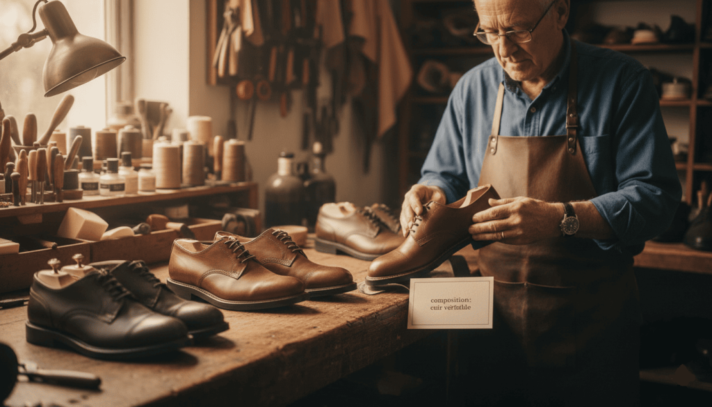 Un atelier de cordonnerie française avec des chaussures Kleman posées sur un établi. Un artisan examine les matériaux.