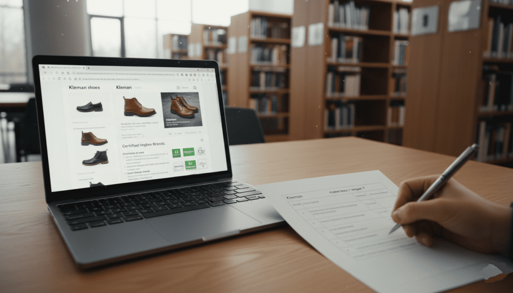 Une personne dans une bibliothèque consulte un ordinateur avec plusieurs onglets ouverts sur Kleman et des labels vegan.
