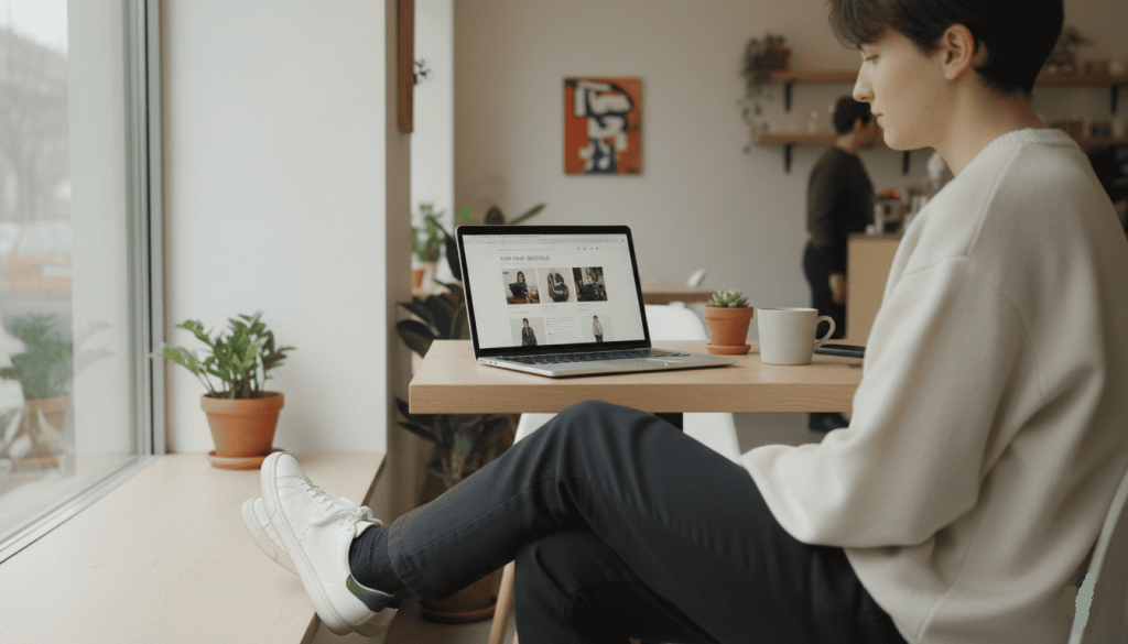 Jeune adulte assis dans un café minimaliste, chaussures Moea visibles