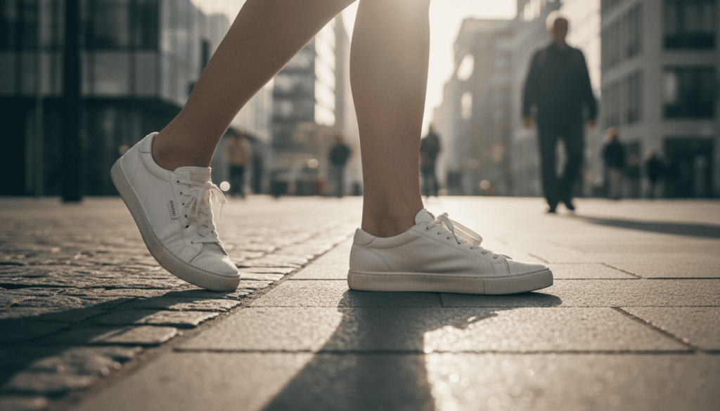 Une personne en train de marcher dans une rue urbaine moderne, portant des baskets Moea blanches fabriquées à partir de matières végétales, gros plan sur les chaussures
