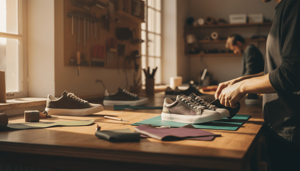 artisan manipulant des matériaux alternatifs comme du cuir de pomme ou de raisin, chaussures Moea en cours d’assemblage