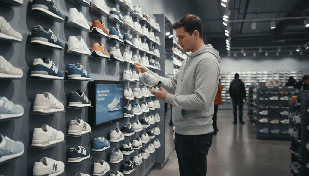 Un magasin de sport avec un mur rempli de baskets New Balance. Une personne examine les étiquettes à la recherche des matériaux.