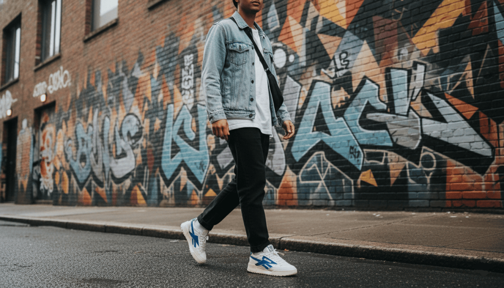 Un jeune adulte marche en ville avec des baskets vegan au style urbain contemporain inspirées de Reebok, 