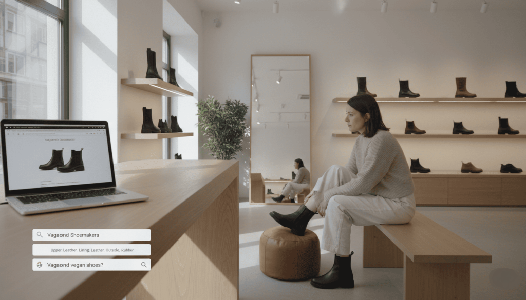 Une cliente dans une boutique de chaussures scandinave moderne, essayant des bottines Vagabond devant un miroir.