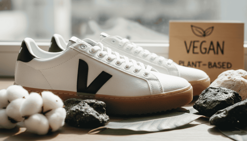 Paire de chaussures avec logo Veja posées sur une table
