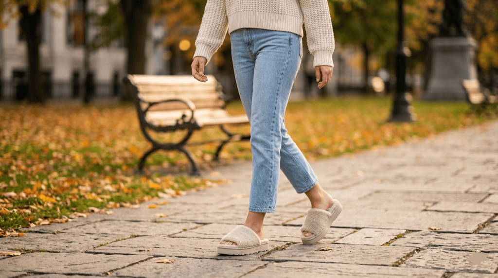 Une femme qui porte des sandales dans un parc en automne