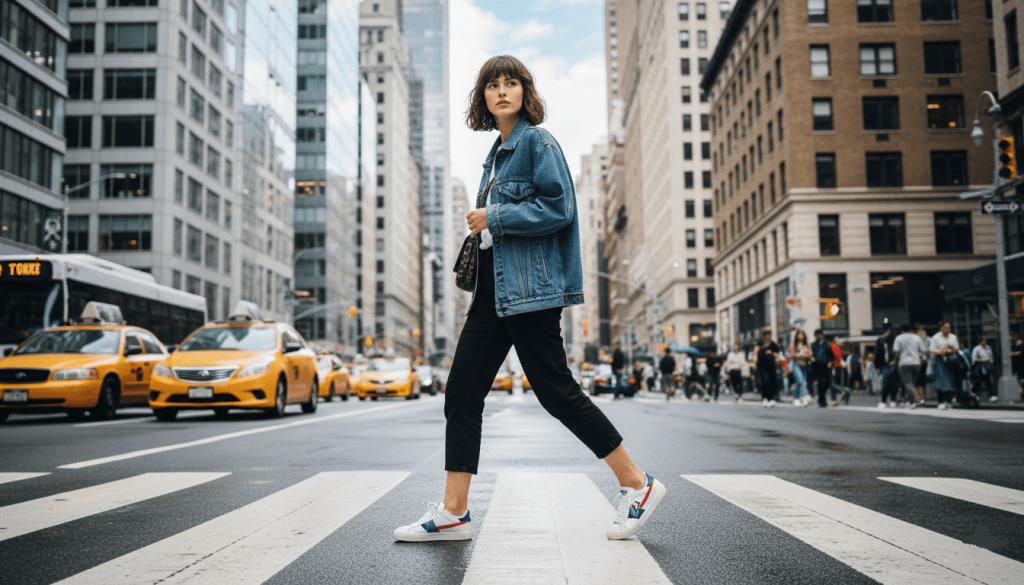 Jeune adulte en ville, style casual, portant des Flamingos Life, traversant un passage piéton, 