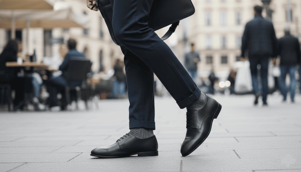 une personne marchant en ville avec des chaussures Homonoia