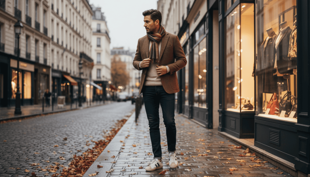 Homme élégant en tenue casual chic dans une rue parisienne, portant des chaussures M Moustache,